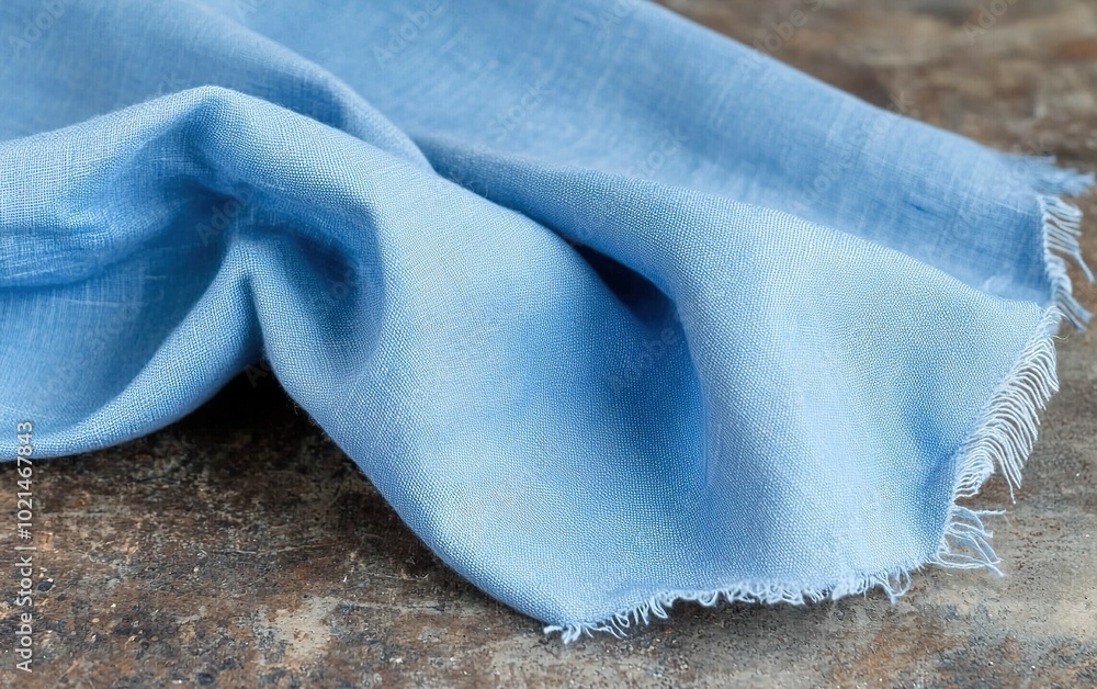 Poster light blue linen fabric draped elegantly on a rustic table with texture highlighting its softness an