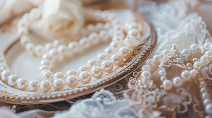 Obraz premium Close-up of vintage couture fashion accessories, highlighting delicate craftsmanship, pearls, and lace in an elegant setting