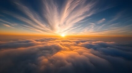 Obraz premium Aerial view of majestic cloud formations high in the sky wispy cirrus clouds swirling and billowing sunlight filtering through the layers