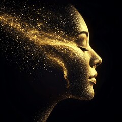 A mesmerizing profile of a woman, with sparkling golden particles flowing in a dreamlike aura, symbolizing creativity and inspiration.