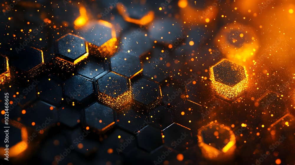 Poster Abstract 3D Hexagon Pattern with Orange Glowing Particles