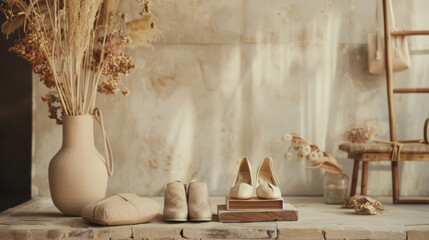 Close-up shots of eco-friendly luxury fashion items, such as handbags and shoes, arranged artfully with natural, refined lighting