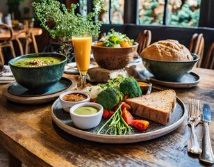 Elegant Restaurant Table Featuring a Vegan Three-Course Meal With Organic Vegetables, Freshly Baked Gluten-Free Bread, and a Variety of Plant-Based Sauces and Condiments