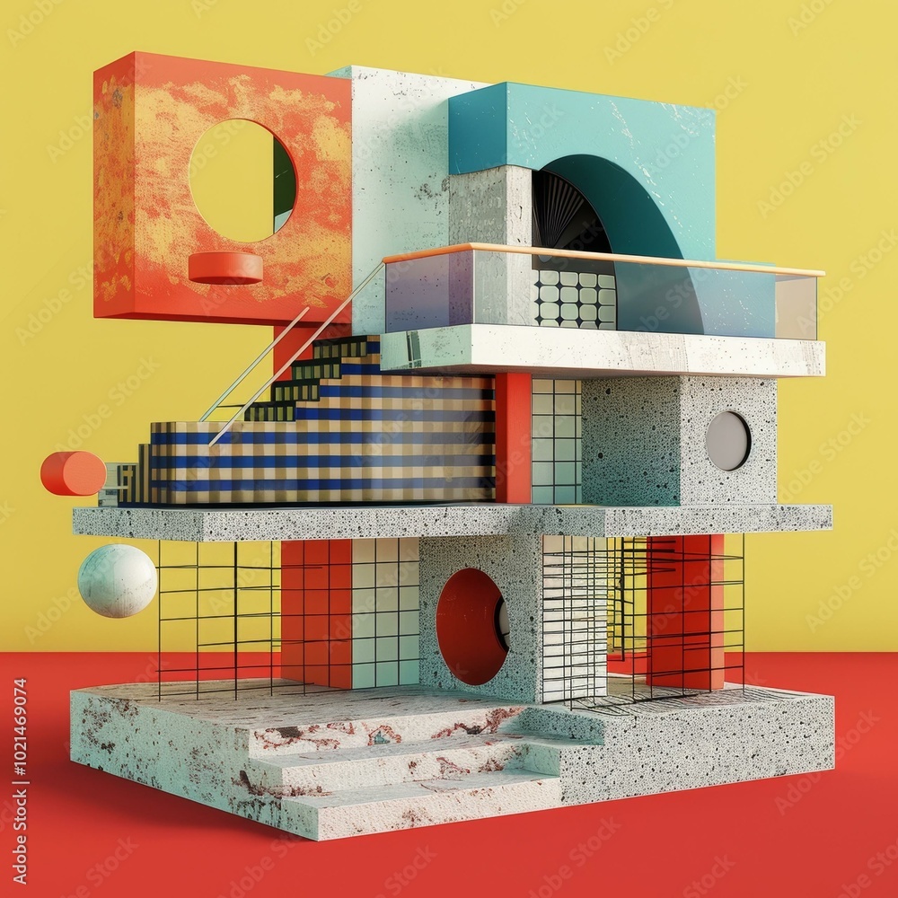Poster 3d rendering of a colorful abstract building