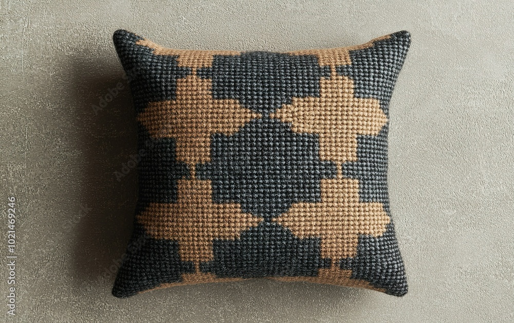 Poster decorative cushion featuring a geometric pattern on a textured surface in a modern setting