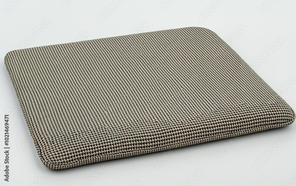 Poster soft, checkered cushion placed on a simple surface, showcasing its unique fabric design and texture 
