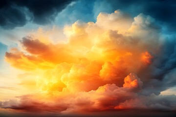 Fototapeta premium Whimsical shape shifting clouds bathe the evening sky in a warm golden glow creating a serene and tranquil atmosphere in this impressionistic romantic landscape