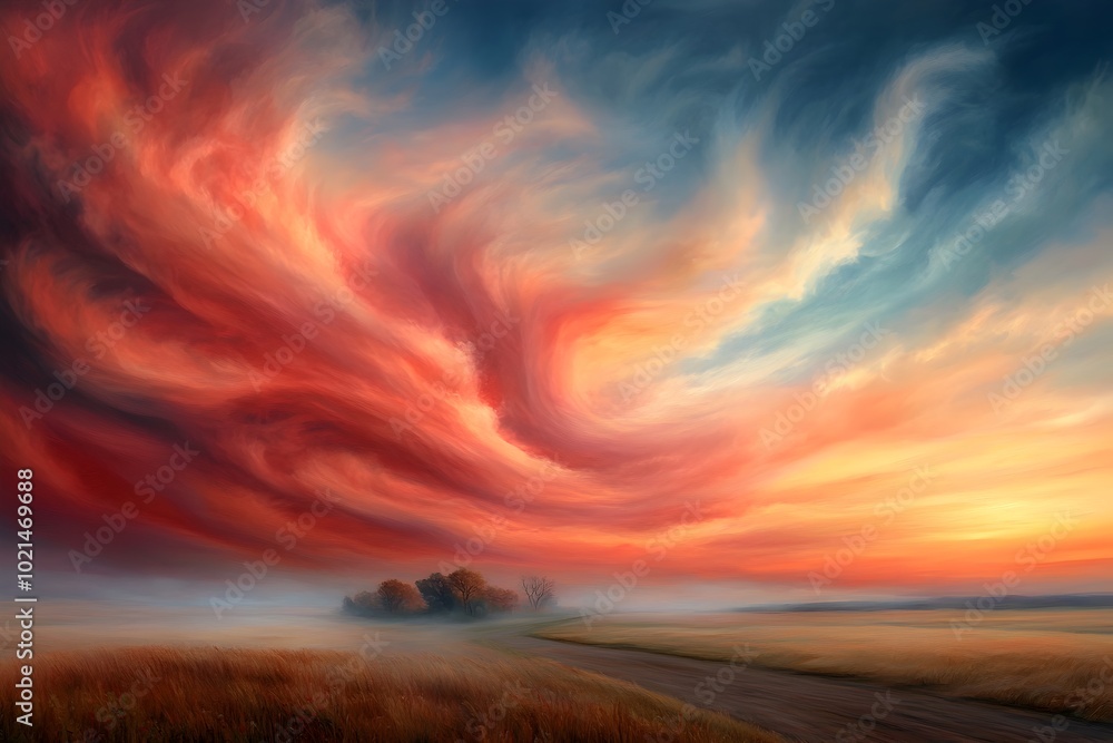 Poster serene morningevening sky with cloud patterns rich and saturated colors and soft diffused lighting c