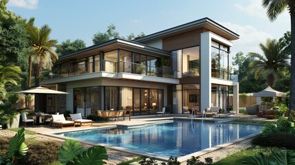 Fototapeta premium Modern Luxury Villa with Pool in Tropical Garden