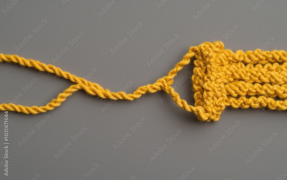 Poster a handmade yellow yarn project with intricate texture and loops displayed on a neutral background du