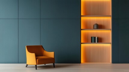 Blueprint of a living room with integrated bookshelf lighting and accent wall lights, modern lighting, elegant living room
