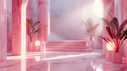 Pink Marble Interior Design with Tropical Plants