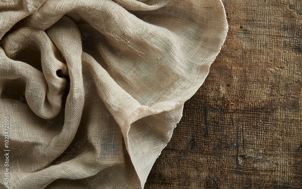 Poster textured linen fabric resting on a rustic wooden surface, showcasing natural tones and softness in a