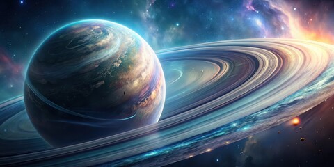 A celestial dance unfolds in the vast expanse of space, as a ringed planet with an ethereal glow dominates the scene, surrounded by distant stars and nebulous clouds.