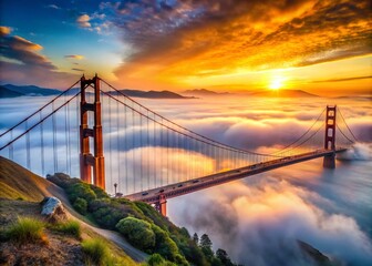 Obraz premium Majestic Golden Gate Bridge at Sunrise Over San Francisco Bay with Soft Morning Fog and Clouds