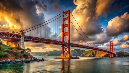 Obraz premium Majestic Golden Gate Bridge Spanning the Waterway with Dramatic Clouds Above in New York City