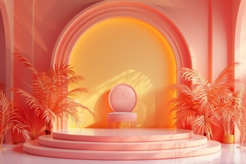 Pink Aesthetic Stage with Tropical Plants