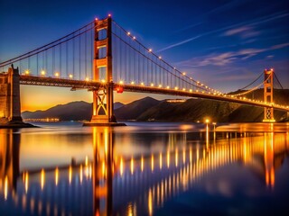 Majestic Golden Gate Bridge Illuminated at Night with City Skyline Reflected in Calm Waters
