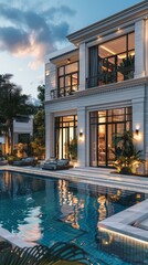 Fototapeta premium Luxury Mansion with Swimming Pool at Dusk