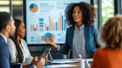 Businesswoman Leading Competitive Analysis Presentation in Dynamic Boardroom Setting