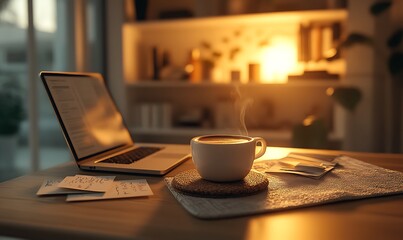A cozy workspace featuring a steaming cup of coffee beside a laptop, bathed in warm light, perfect for productivity and relaxation.