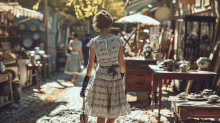 Fototapeta premium Fashionable woman wearing a 1940s-style dress and gloves, walking through an antique market with various vintage pieces on display around her.