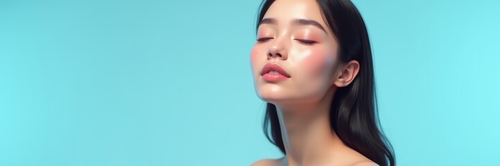 Obraz premium A serene beauty portrait featuring a young woman with flawless skin and a calm expression against a vibrant blue background, perfect for beauty, skincare, and wellness themes.