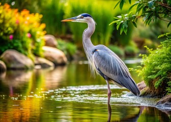 Fototapeta premium Majestic Heron Crane Bird Standing Gracefully by the Water's Edge in a Tranquil Natural Setting