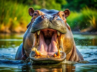 Fototapeta premium Majestic Hippopotamus with Big Mouth Open in Water, Showcasing Its Powerful Jaw and Unique Features in Natural Habitat