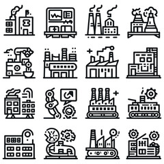 Obraz premium Industrial Icons Set Featuring Factories and Manufacturing Symbols