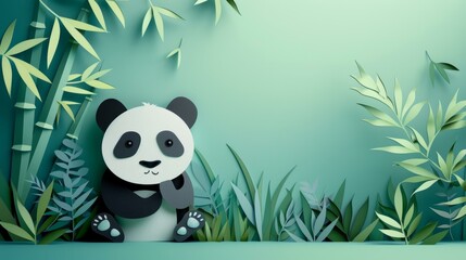 Fototapeta premium A cute panda sits in a bamboo forest