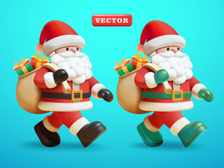 Santa Claus walking carrying gift bag, 3d vector. Suitable for events and design elements