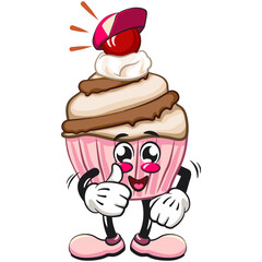 kawaii cartoon cupcake with cherry on top character mascot isolated vector illustration wearing a baseball cap while giving a thumbs up, work of hand drawn
