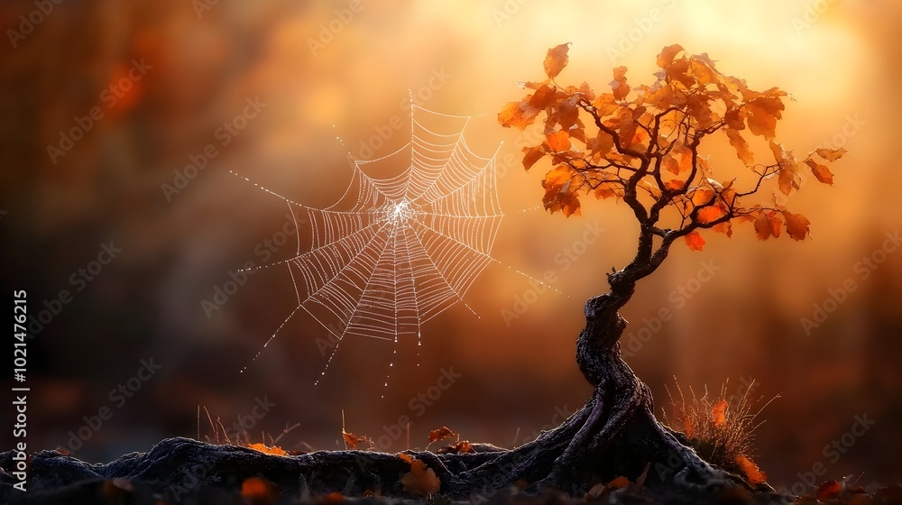 Poster spiderwebs glistening with dew stretching between the twisted bare limbed branches of an ancient oak