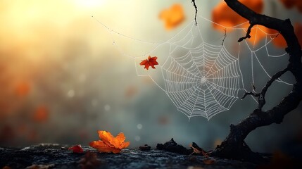 Glistening spiderwebs stretching between the twisted bare branches of an ancient oak tree with autumnal sunlight filtering through the intricate web patterns