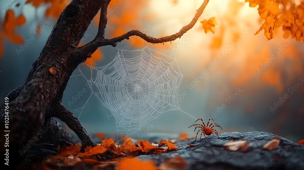 Poster enchanting spiderwebs glistening with dew stretching between the twisted bare limbed branches of an 