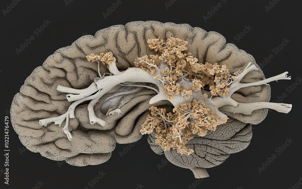 Poster detailed view of a human brain showcasing neural connections and structures, highlighting intricate 