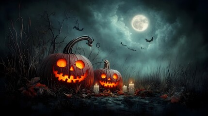 Fototapeta premium Spooky carved pumpkins and eerie glowing jack o lanterns with twisted grinning faces flickering candlelight