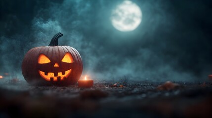 Obraz premium Spooky Jack o lanterns Grinning Under a Full Moon on Halloween Night Creepy Carved Faces Aglow with Flickering Candlelight Eerie Shadows Cast Across a Dark Misty Landscape