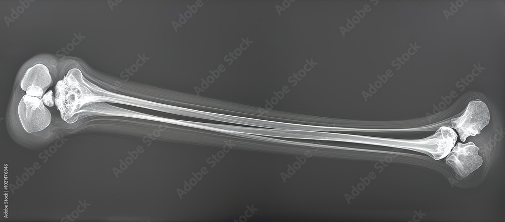 Poster x-ray image of a human leg, showcasing the femur and tibia bones clearly with focus on joint structu
