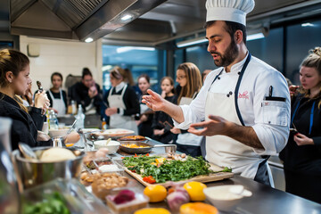 A chef teaching a cooking class, surrounded by students, explaining a technique with ingredients on the table, educational and professional environment.