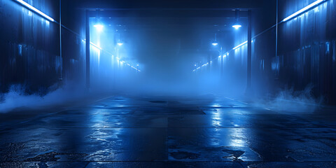 Dark urban scene with neon lights and reflections in water. deep shadows, glossy streets, urban decay, glowing reflections,