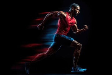 a man running in a red shirt and black shorts