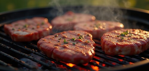Juicy steaks sizzling on a grill, beautifully cooked and aromatic. Perfect for culinary projects, BBQ events, and food related marketing.