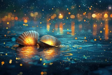Fototapeta premium Two Luminous Seashells Floating on a Dark Water Surface with Golden Bokeh Lights in the Background