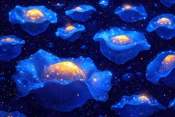 Obraz premium Abstract Blue and Yellow Shapes Floating in a Starry Sky