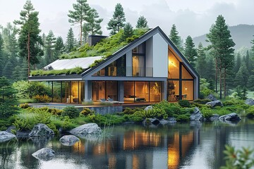 Fototapeta premium summer house sky landscape lake green forest water nature building grass trees outdoor