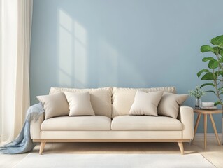 Blue calm walls paired with beige and light wood furniture in a minimalist winter living room, creating a peaceful and inviting space