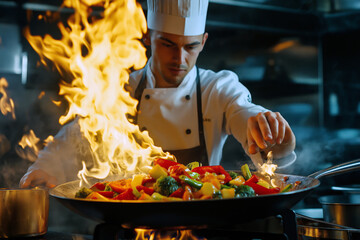 Chef preparing a colorful vegetable stir-fry in a pan, flames rising dramatically in the background, mid-action shot, busy kitchen setting.