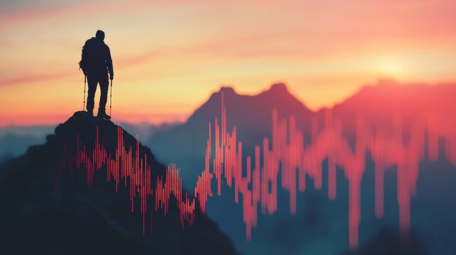 A man is standing on a mountain top with a red and blue sky in the background - Powered by Adobe